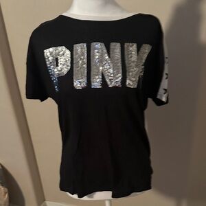 Vs pink Black T-Shirt with Silver Sequin Letters